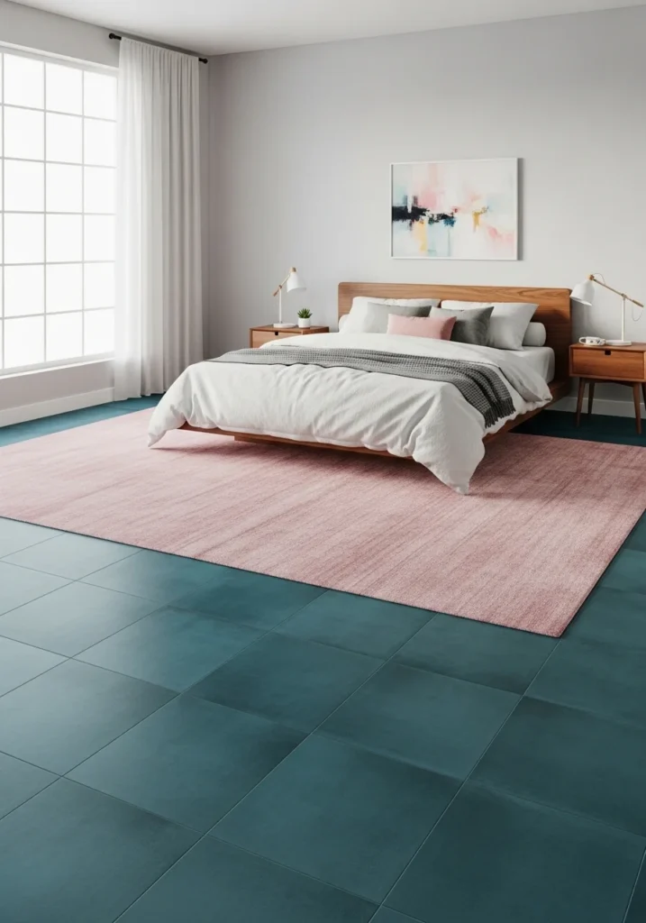 Pink rug on teal floor bedroom