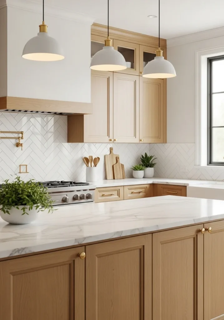 Classic white subway tile kitchen backsplash with glossy tiles and light wood cabinets