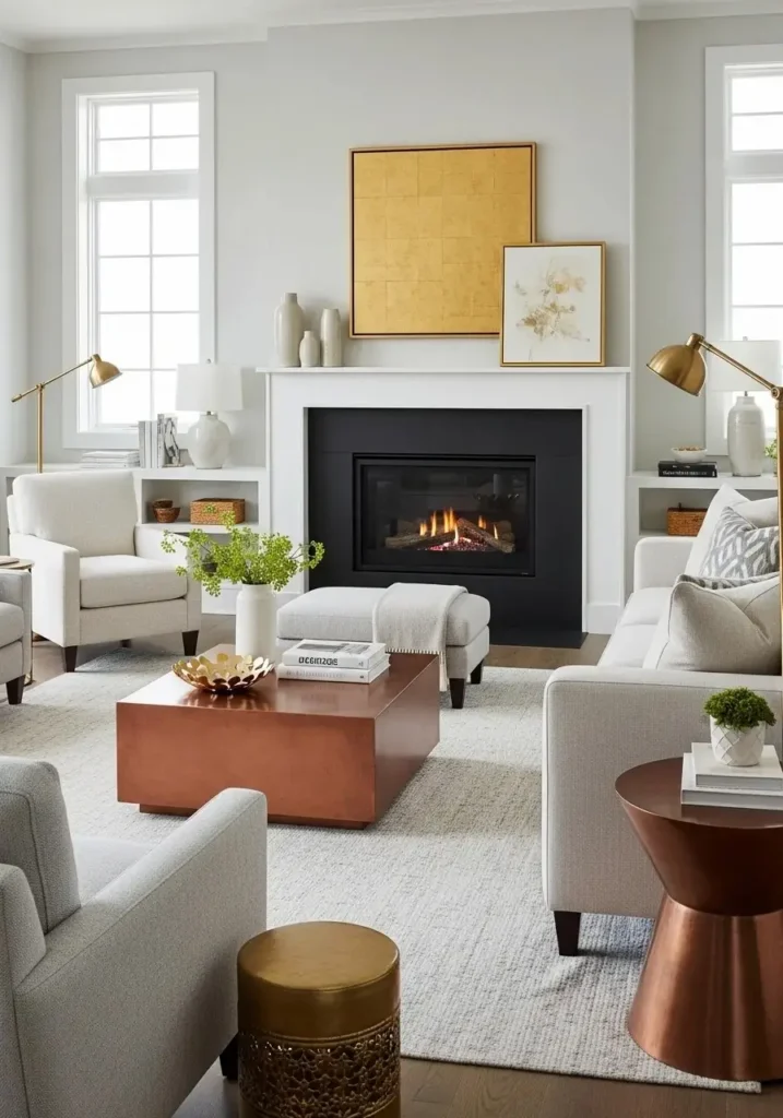 Living room fireplace surrounded by natural elements like wood, stone, and plants.