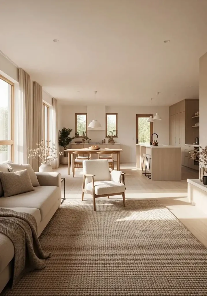 Open layout living dining kitchen with large neutral rug defining living area