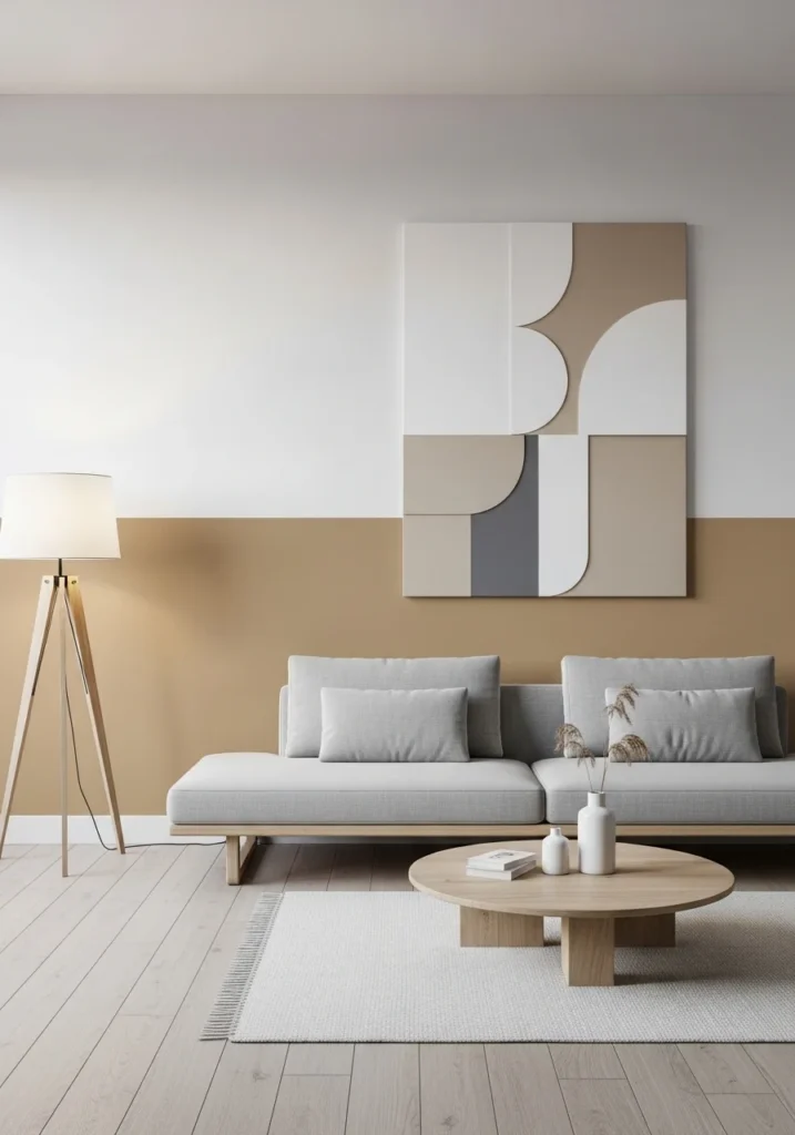 Two-tone painted wall in living room with modern clean design