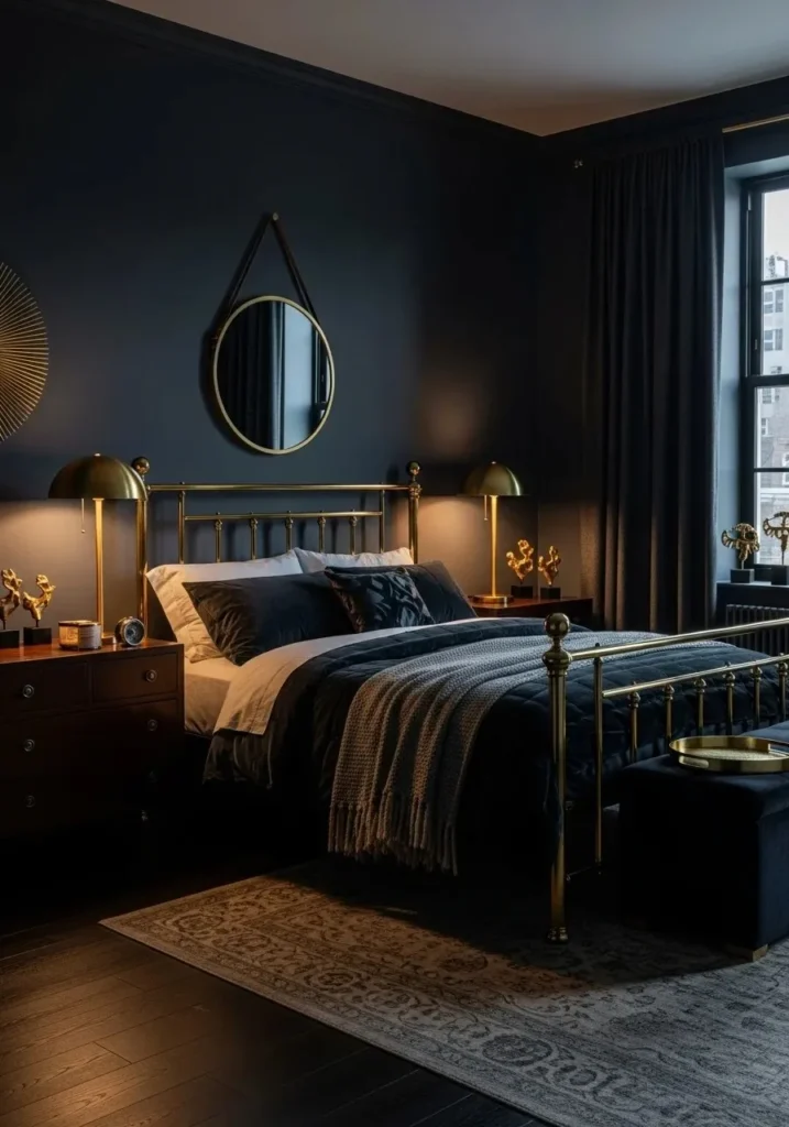 moody bedroom with gold and brass metallic accents