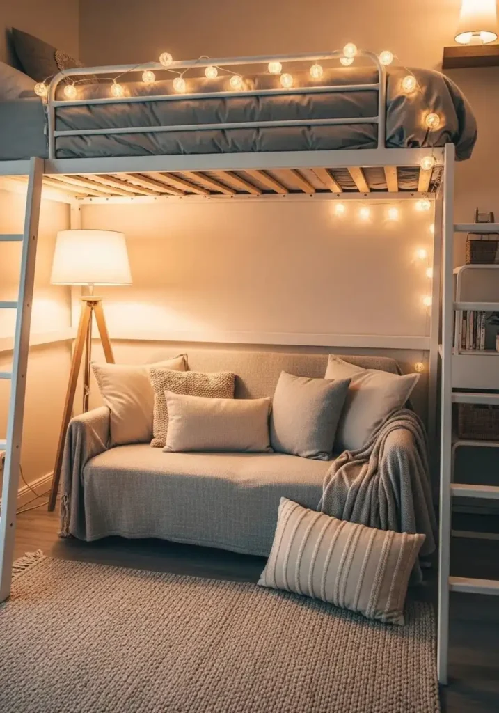 Loft bed with a comfortable lounge area and small sofa underneath.