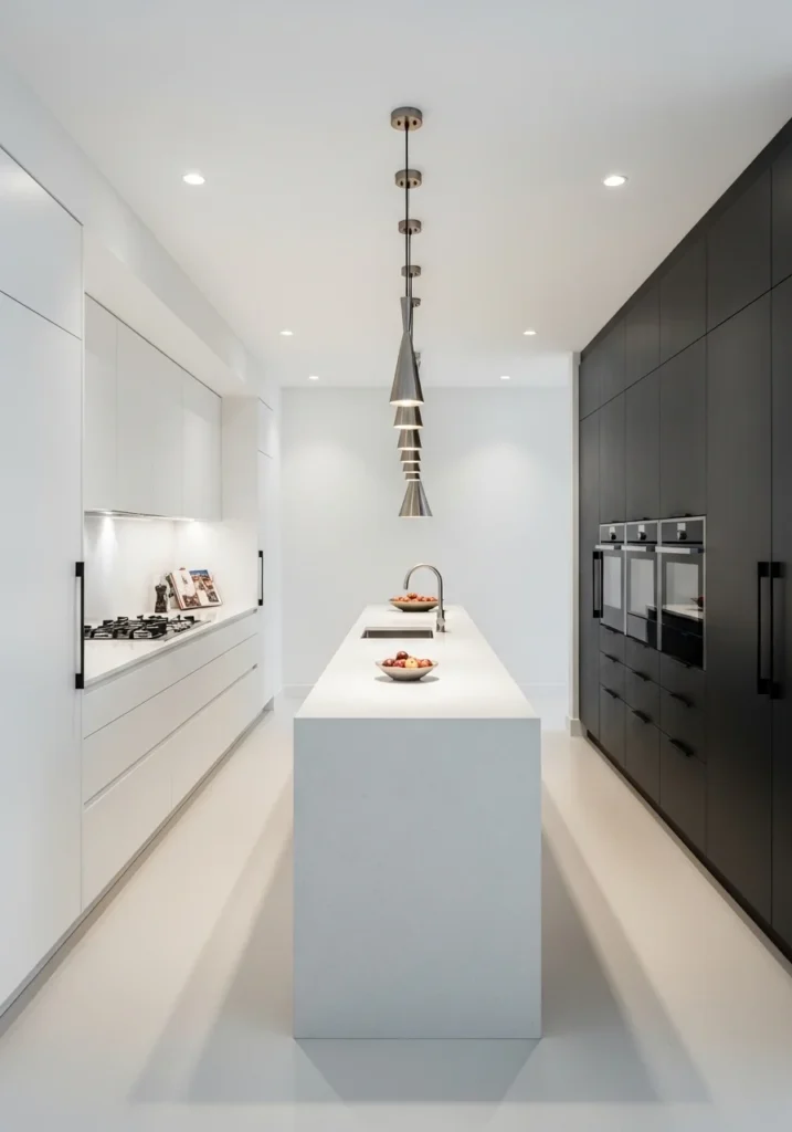 Long kitchen with parallel counters and central island for efficient workflow and added storage