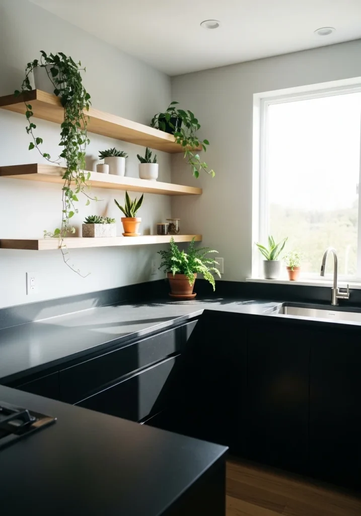 black and white countertops kitchen with open shelving