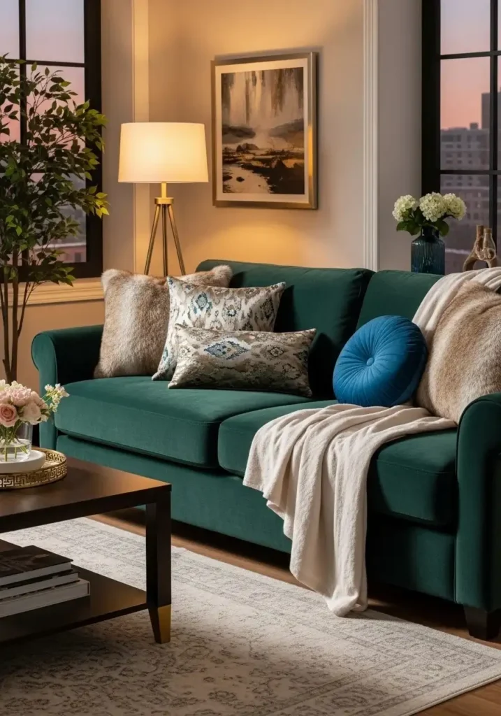 luxury living room sofa with textured throw pillows