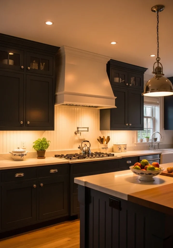 Beadboard backsplash with dark cabinets creating contrast kitchen design