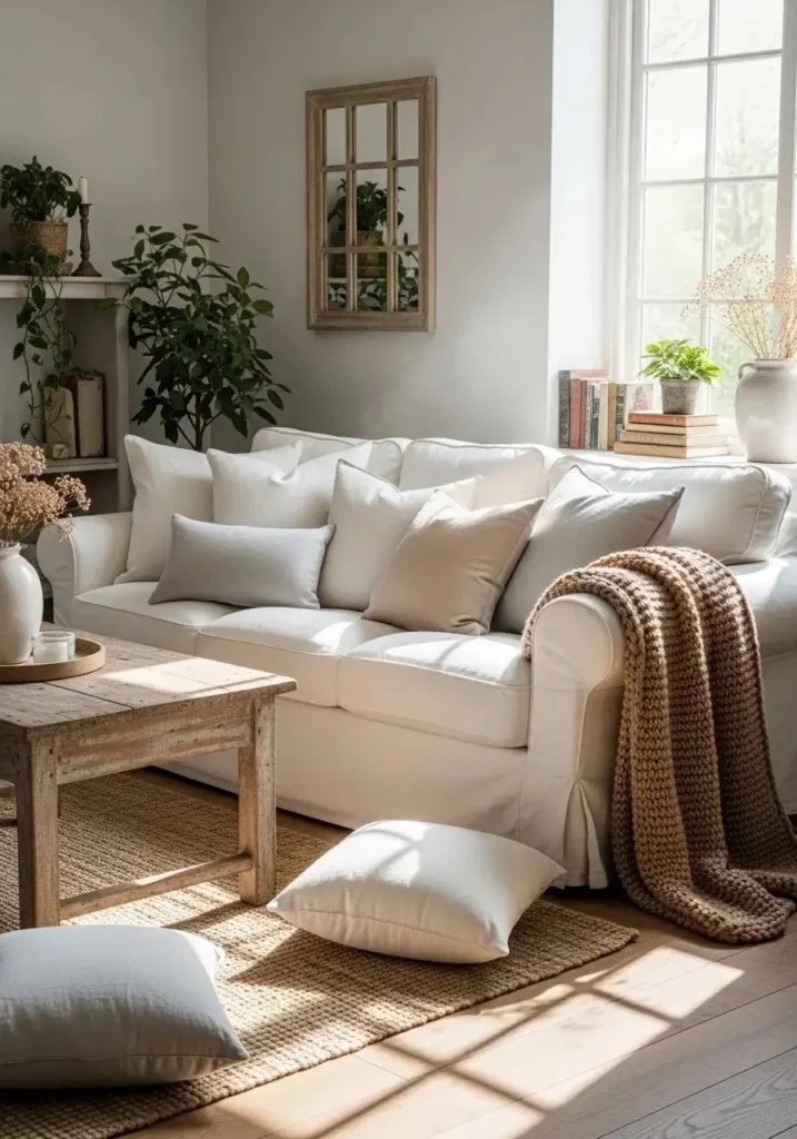 linen sofa in cozy farmhouse living room
