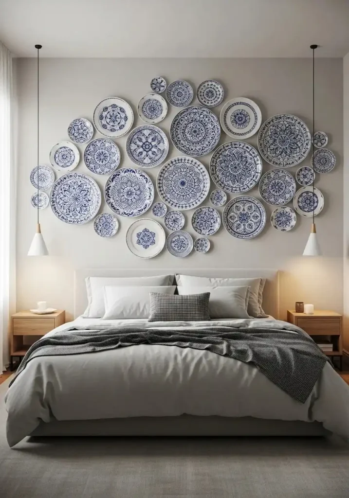 decorative ceramic plates used as bedroom wall decor