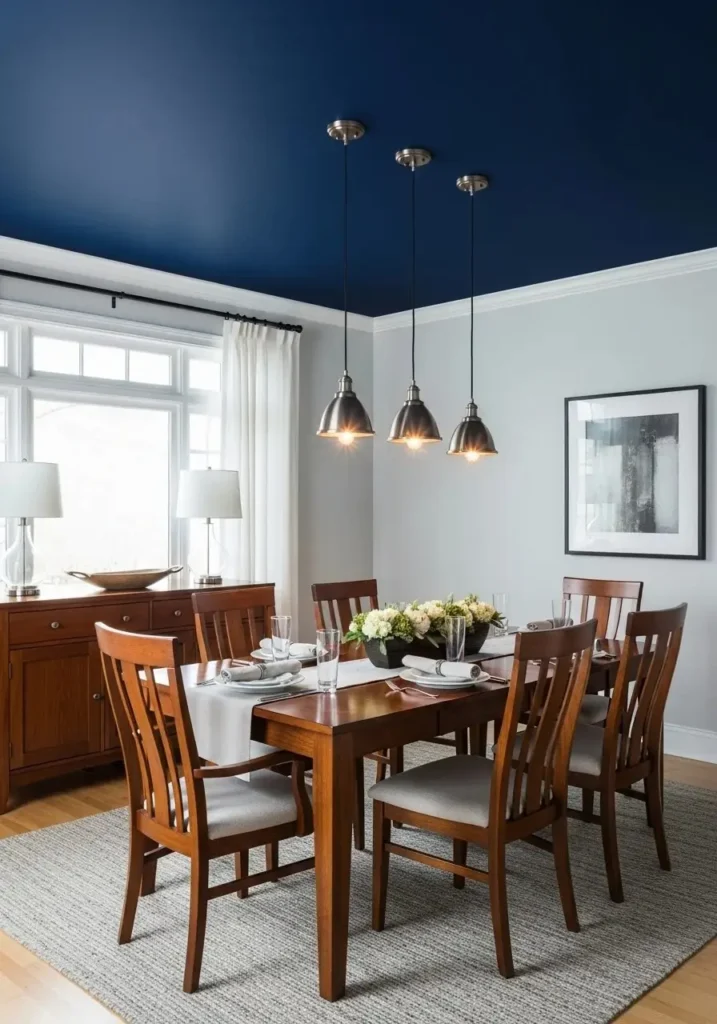 Bold blue ceiling dining room with light walls and warm wooden furniture.