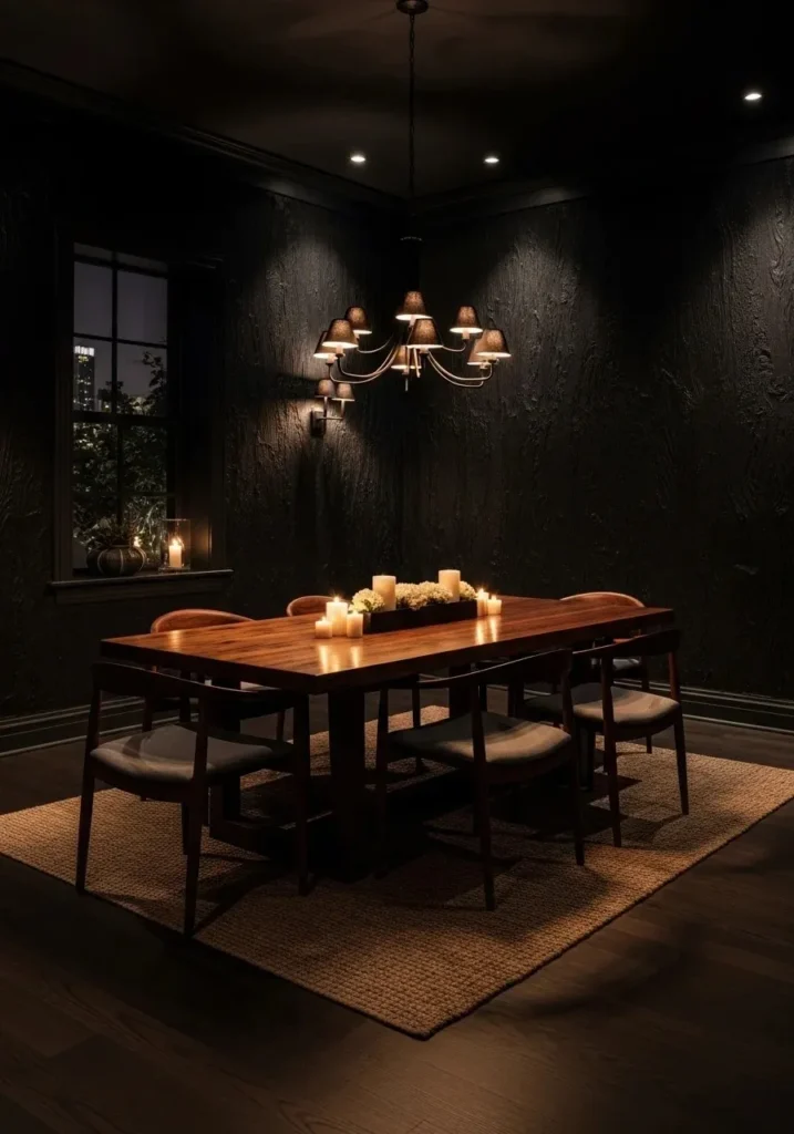 Textured black wall dining room with warm lighting enhancing depth and detail.
