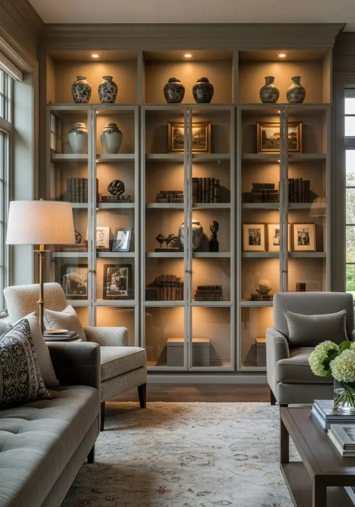 Glass door built-in shelves in living room with a clean and sophisticated style