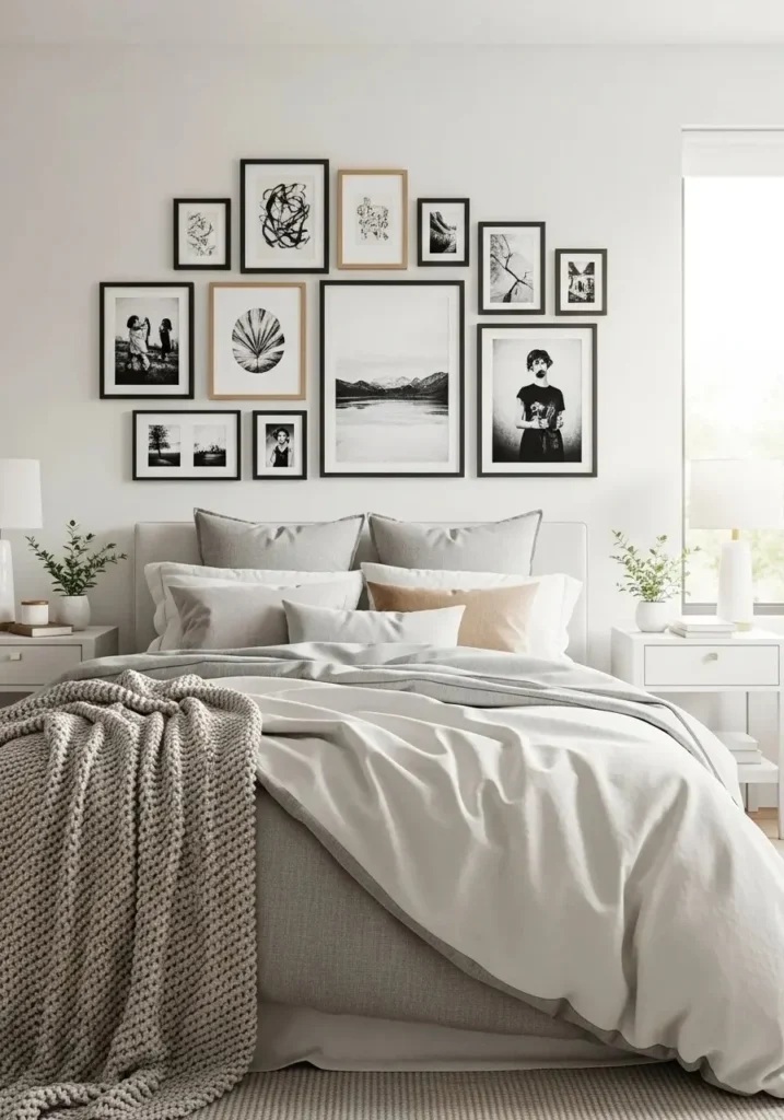 minimalist bedroom with large abstract canvas artwork above bed, neutral bedding, warm lighting, modern interior design