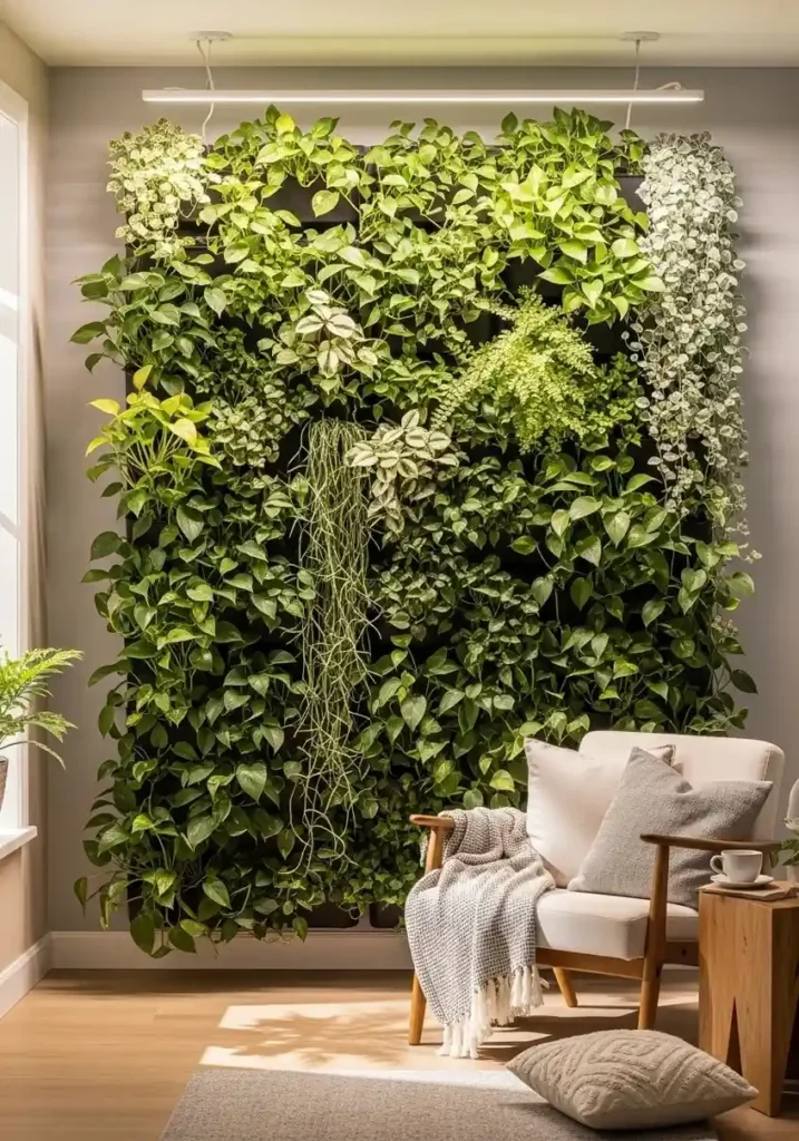 Vertical greenery wall adding freshness and color to a living room.