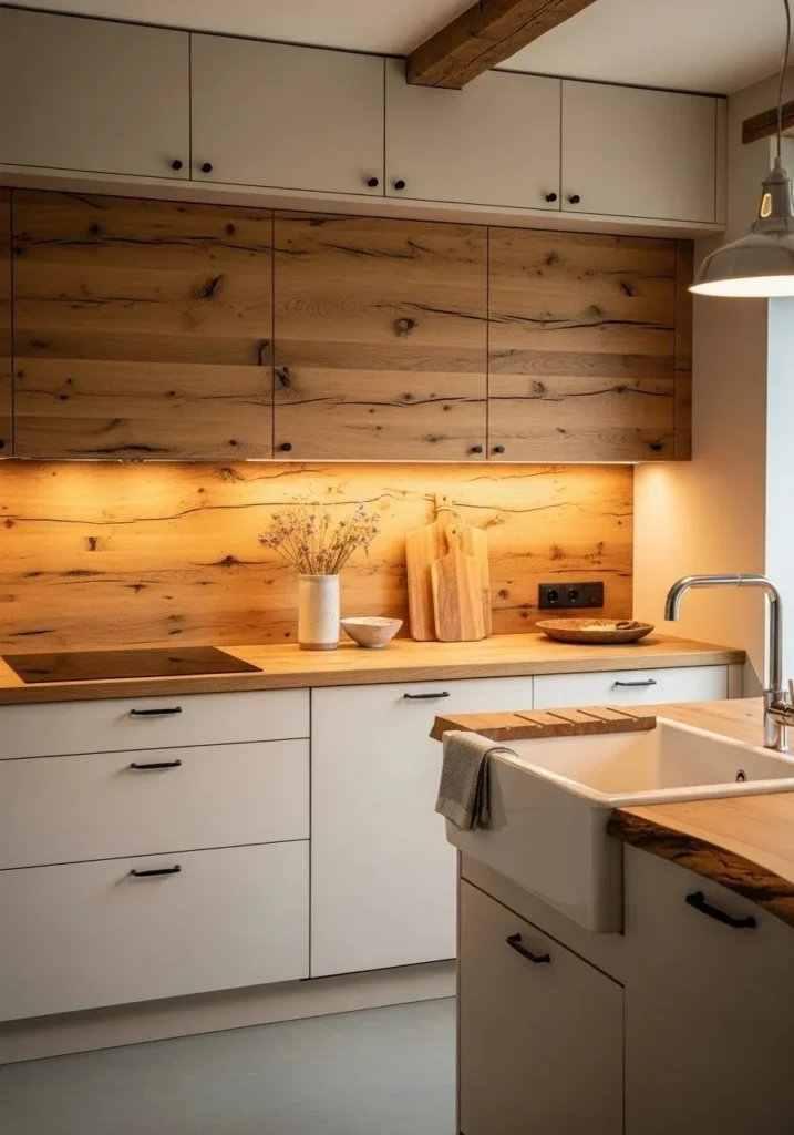 Wood panel kitchen backsplash with warm natural texture