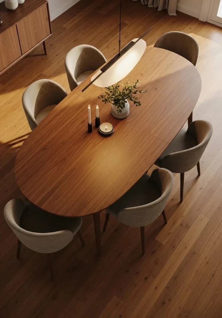 Oval dining table with soft curves and upholstered chairs creating an elegant and comfortable dining space.