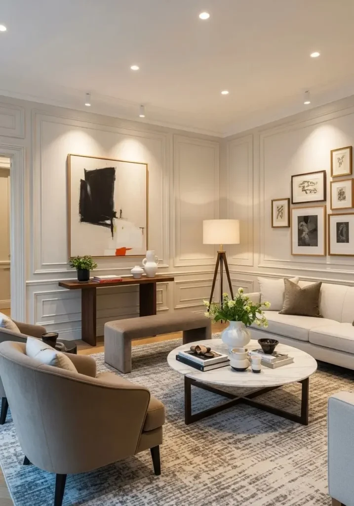 Decorative wall molding enhancing elegance in living room.