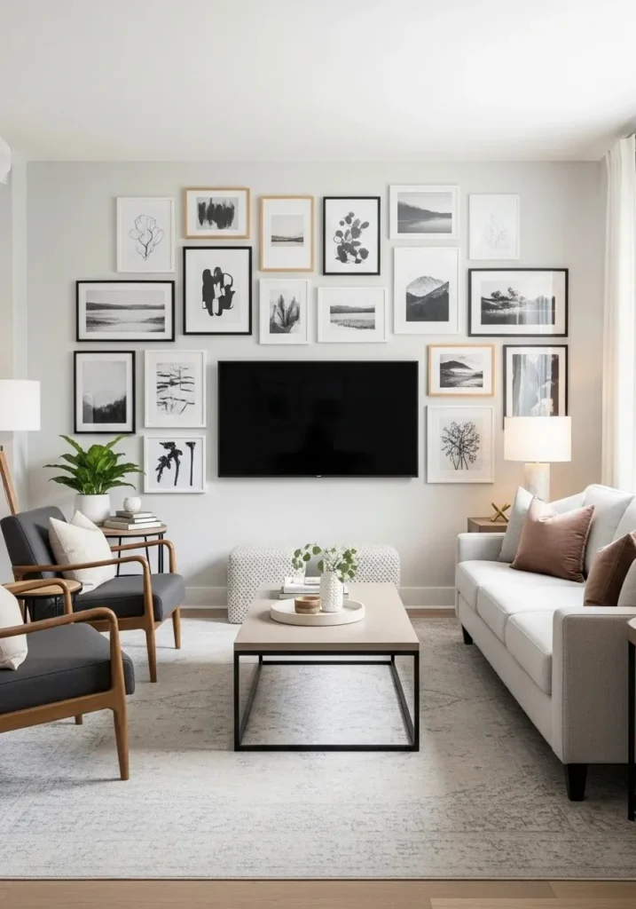 TV wall styled with surrounding gallery art frames.