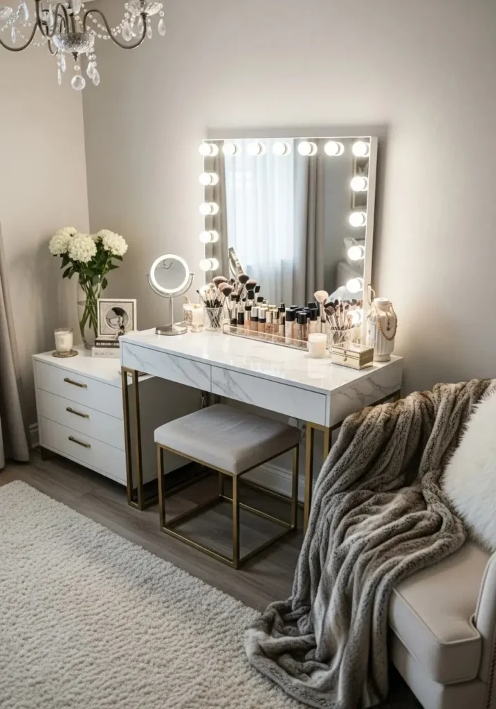 glam vanity mirror lights bedroom luxury setup