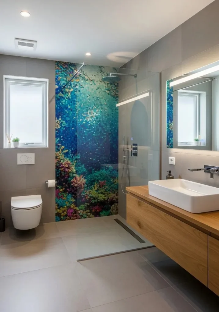 Walk-in shower with mosaic accent wall design