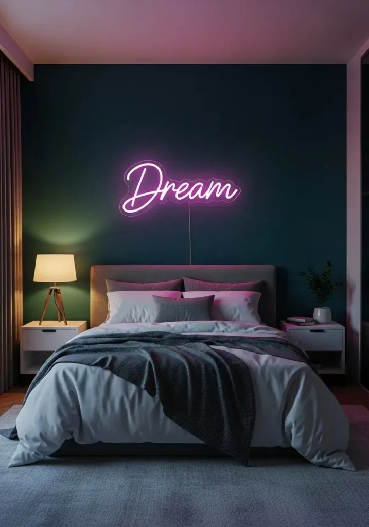 Teal wall with pink neon sign