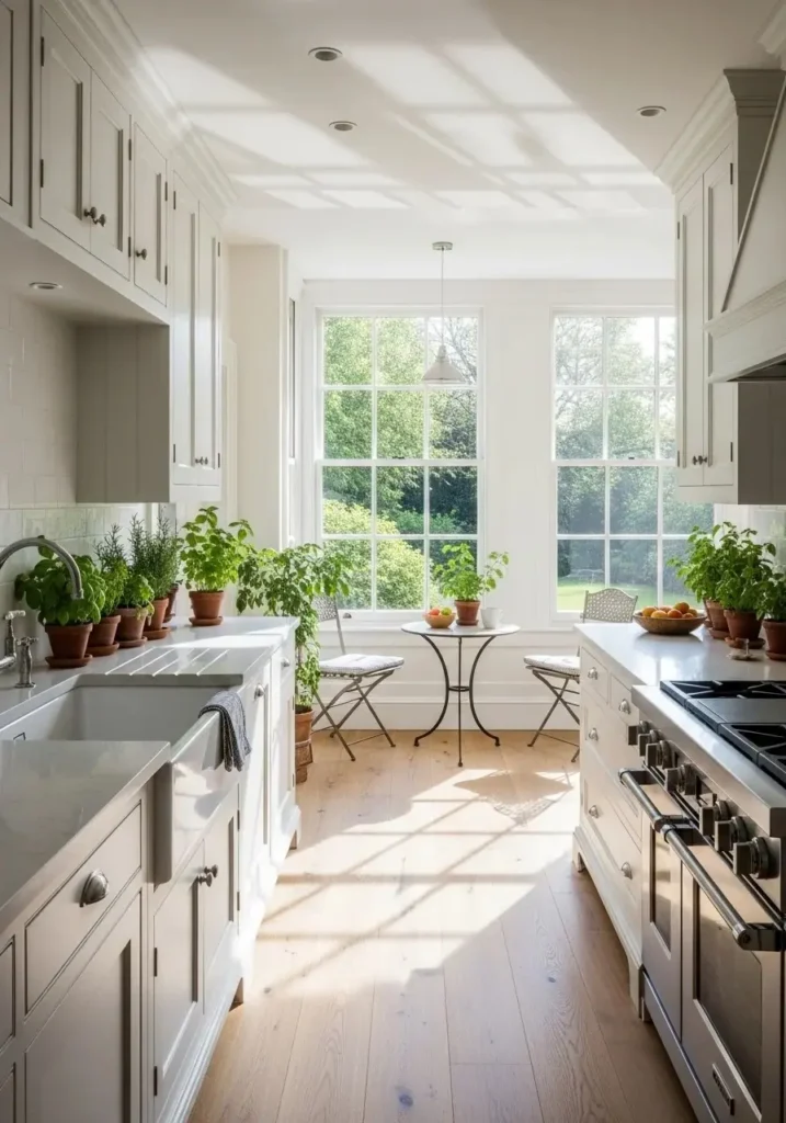 Long kitchen with abundant natural light and green accents for a fresh, inviting atmosphere.