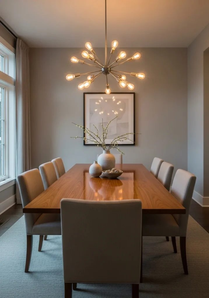 Statement chandelier lighting above dining table in stylish dining room decor