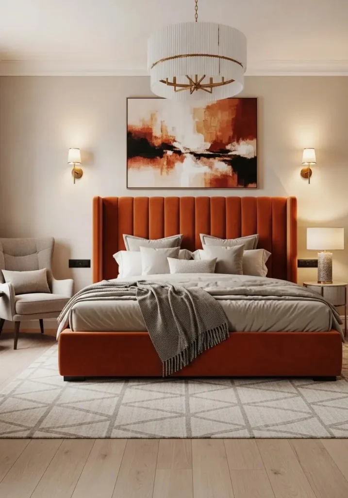 Bedroom with a vibrant orange headboard and neutral bedding creating a striking focal point.