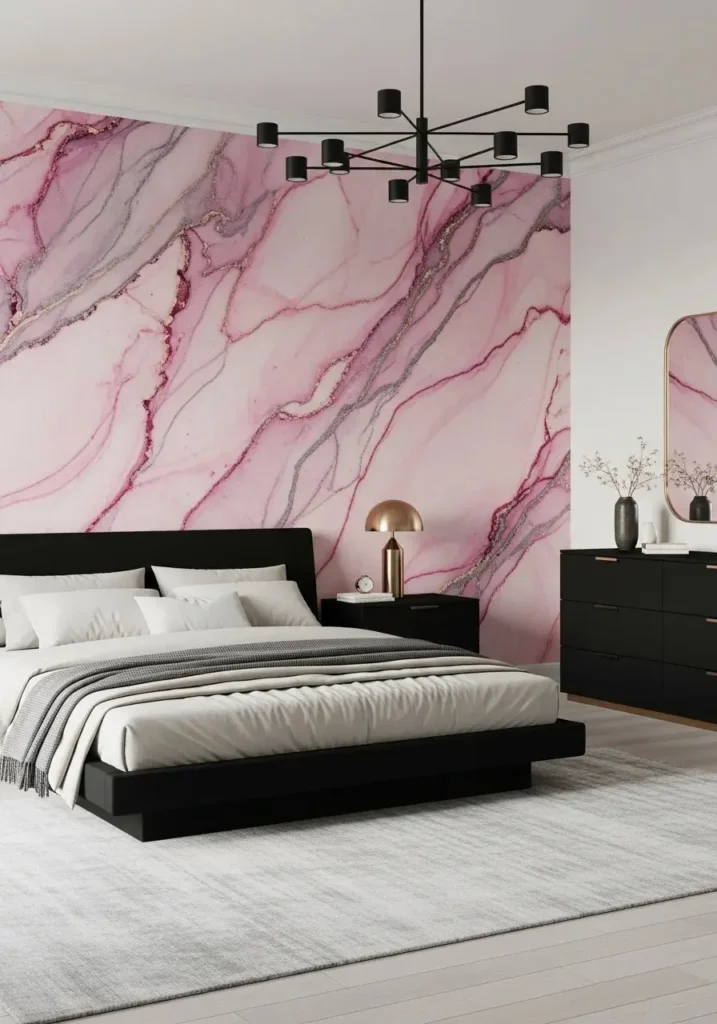 pink marble wall art with black furniture in bedroom