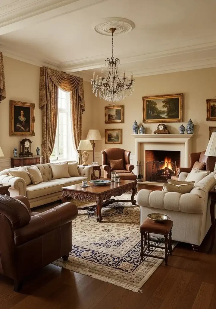 Classic traditional living room with symmetrical layout and rich wood tones.