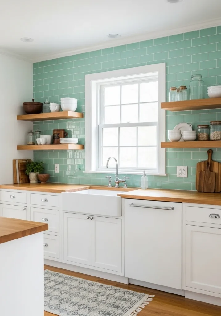 Kitchen with mint green backsplash, white cabinets, and light wood shelves, fresh and cheerful.