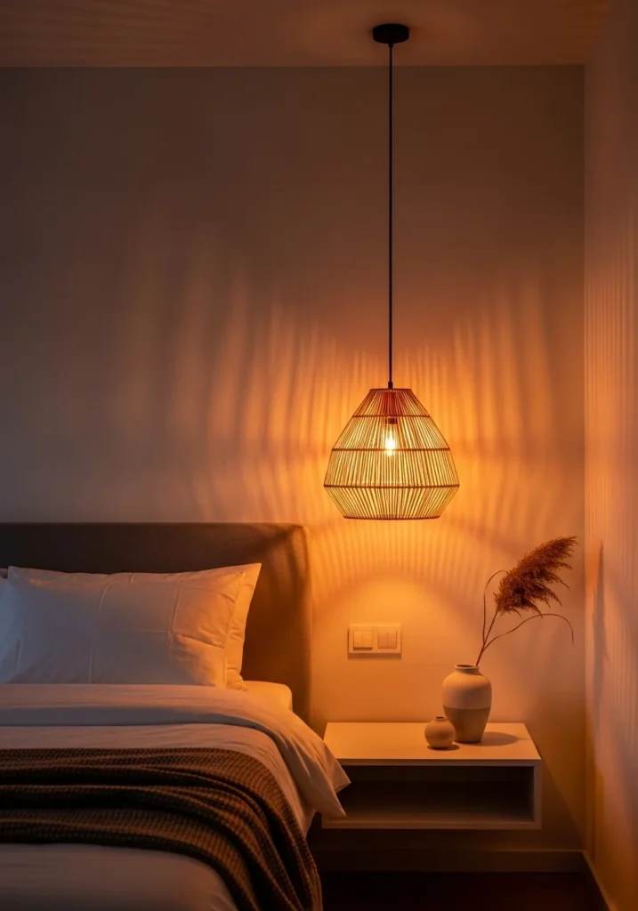 Woven rattan hanging pendant lamp beside bed with warm ambient light
