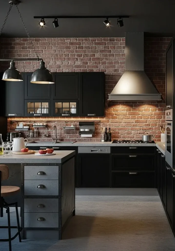 Industrial kitchen layout with bold statement island