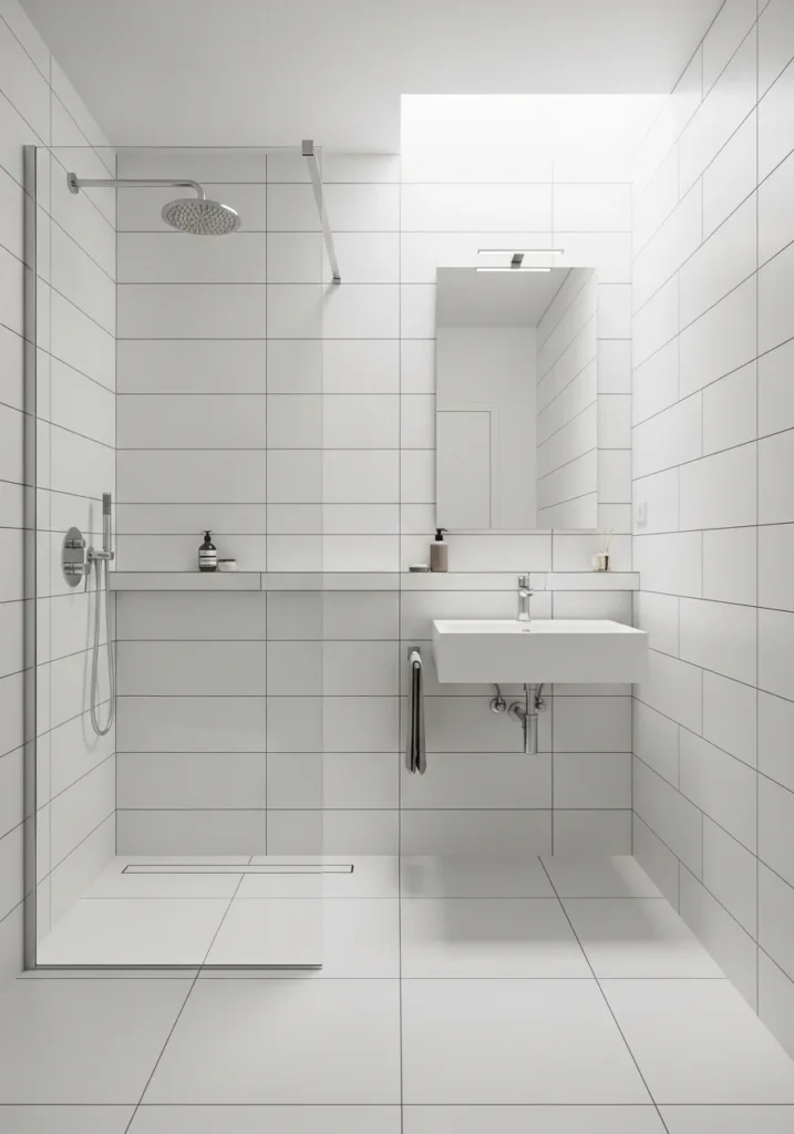 Frameless glass walk-in shower in a small modern bathroom