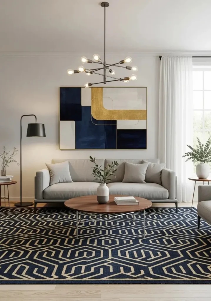 Bold geometric navy and gold area rug anchoring a neutral living room setup