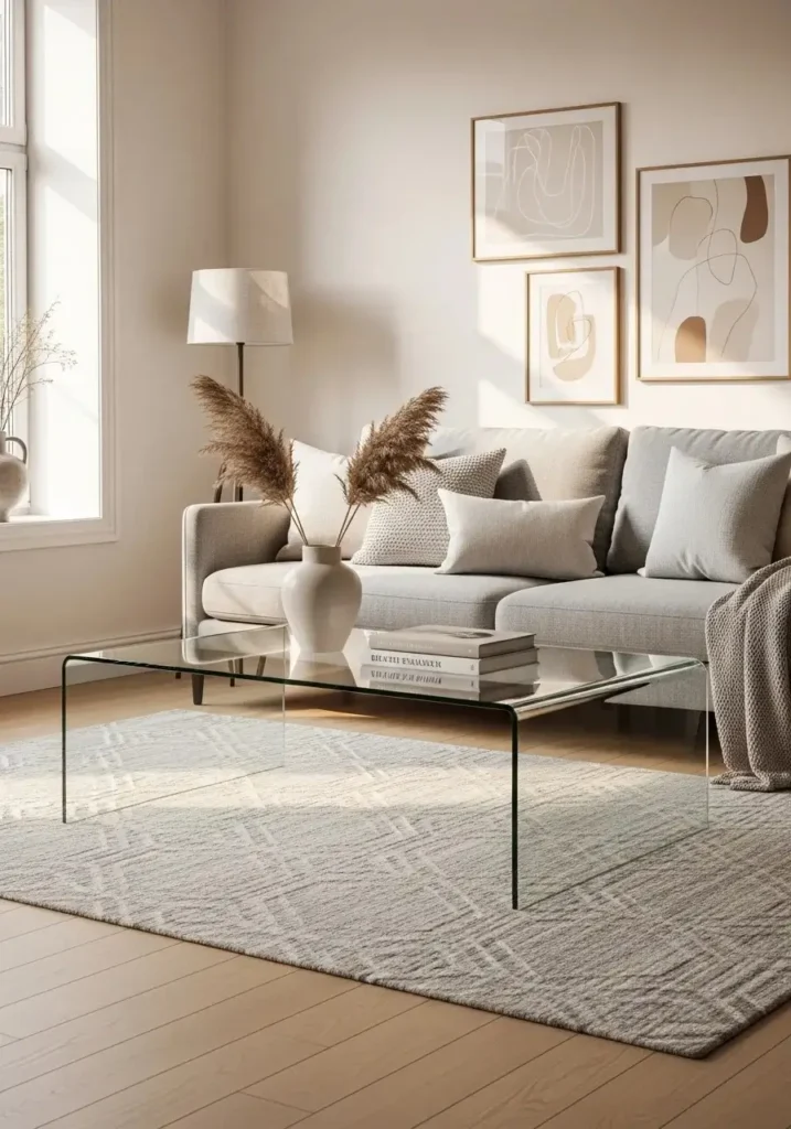 Modern glass coffee table in living room keeping space open and stylish.