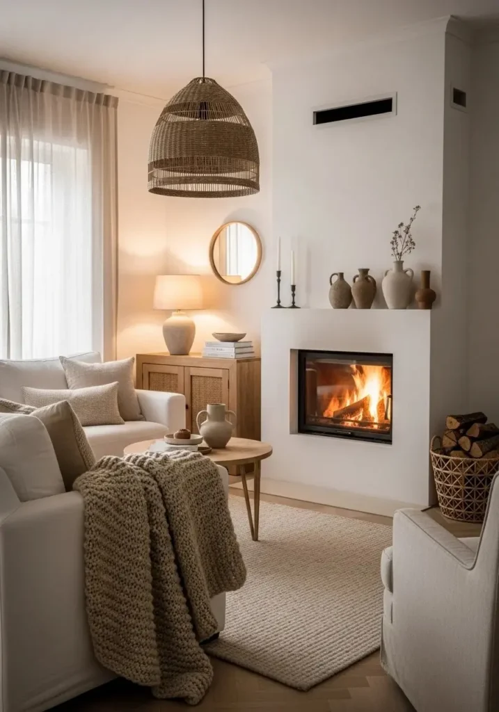 Neutral living room with a fireplace, beige and white tones, and cozy layered textures.
