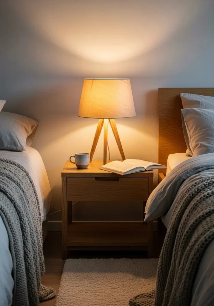 Warm wooden lamp on oak nightstand creating cozy Scandinavian bedroom