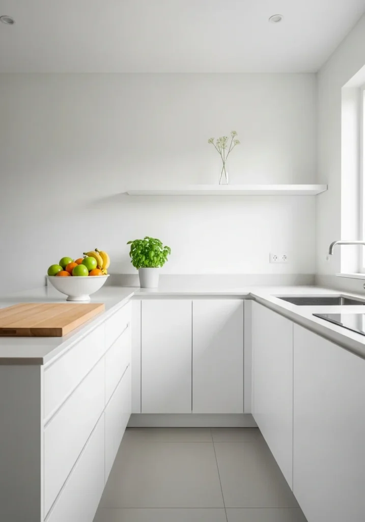 Minimalist white kitchen with simple and thoughtful decor