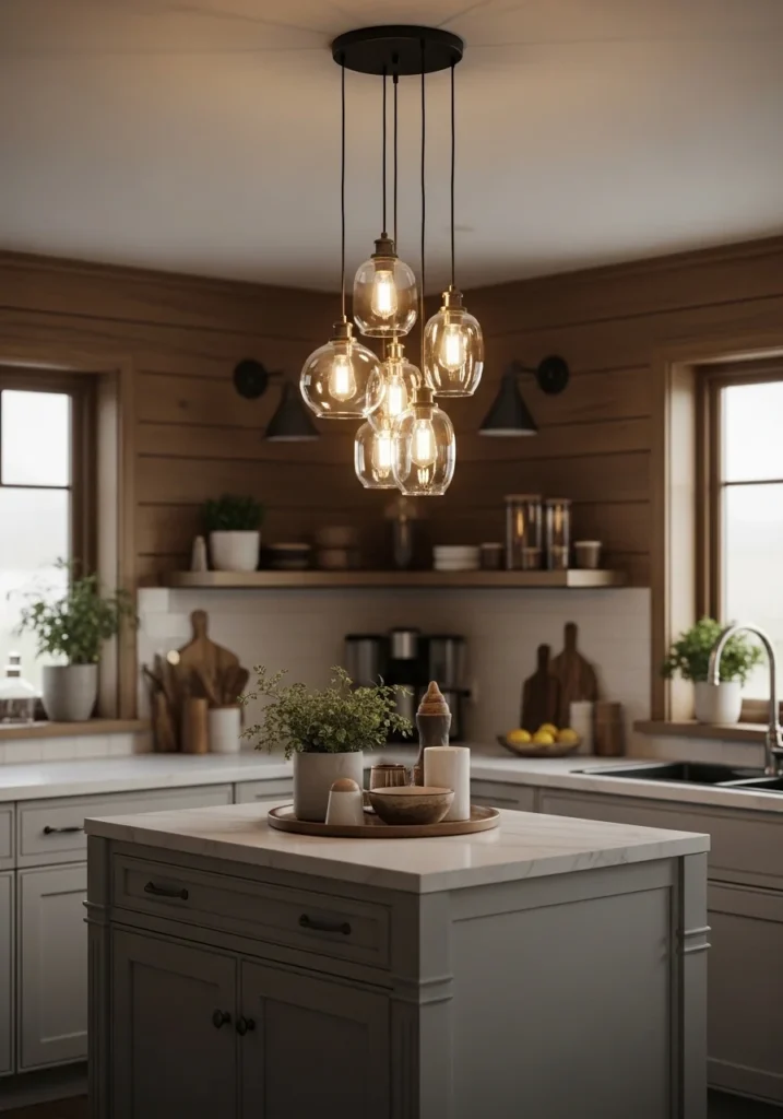 Cluster pendant lights creating a dynamic and eye-catching centerpiece above the kitchen island.