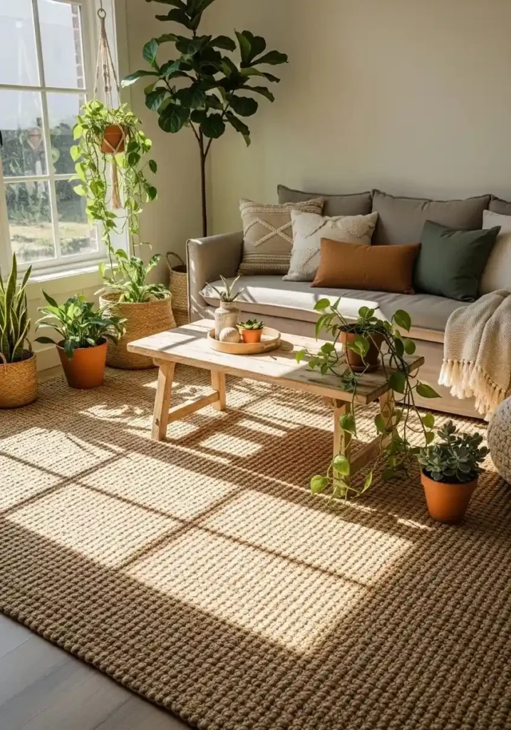 Natural jute area rug with wooden coffee table and plants in living room.