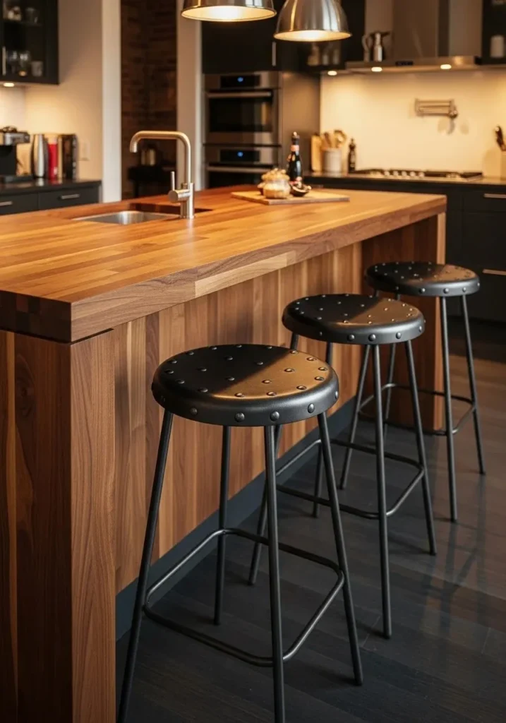 Industrial-style metal bar stools at a kitchen island adding edgy character and durability.