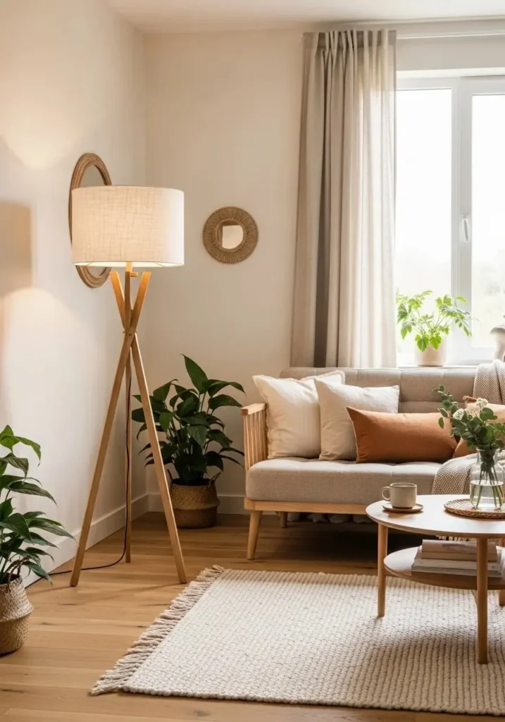 Wooden floor lamp adding warmth to neutral living room