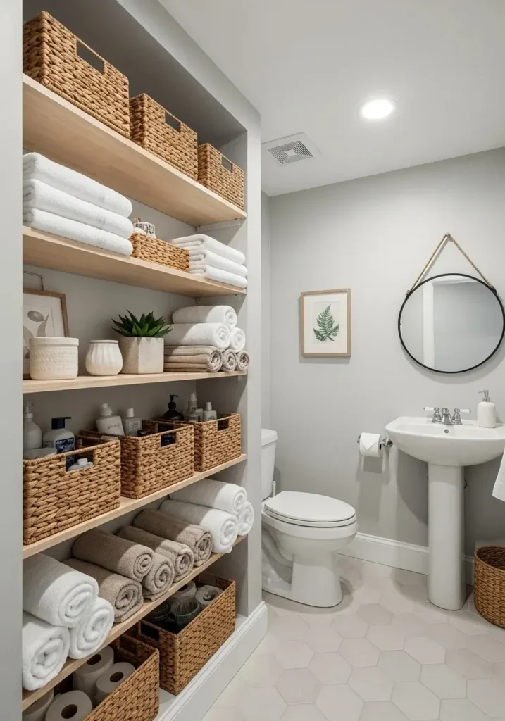 Vertical shelves used for storage in a small bathroom