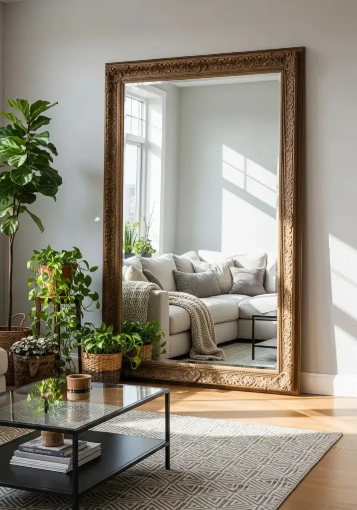 Large wall mirror brightening and expanding a living room space.