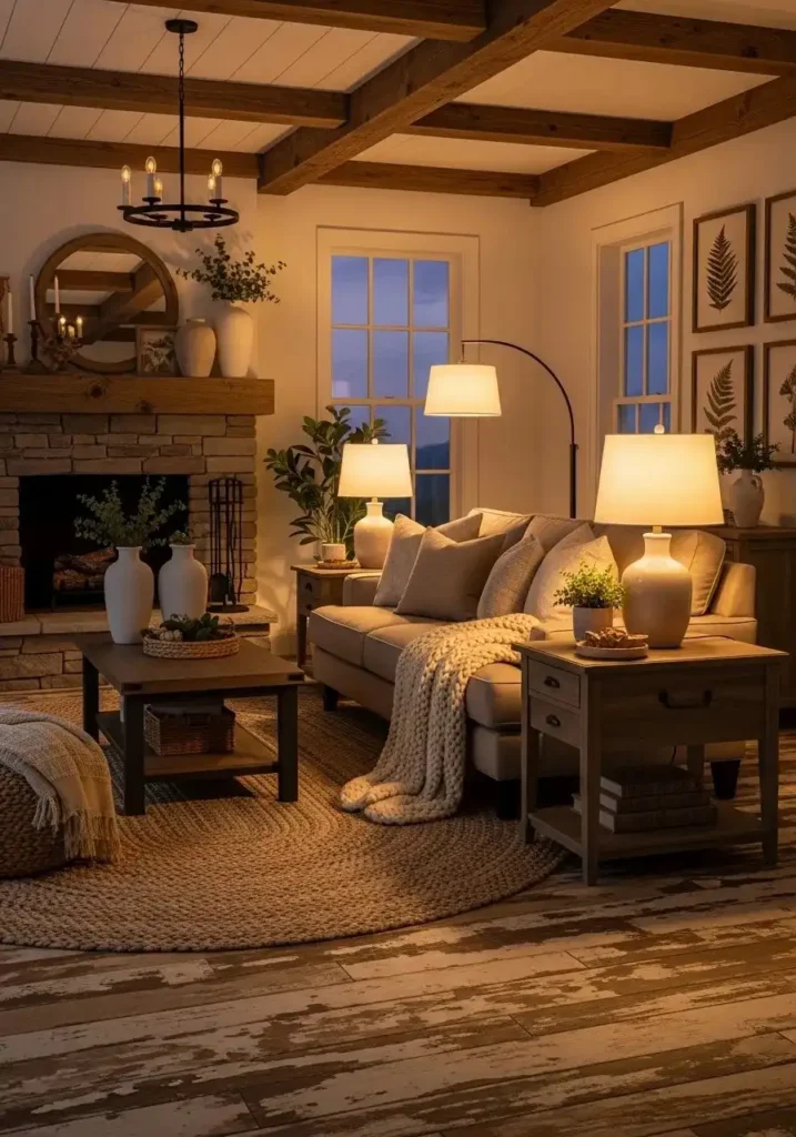 warm layered lighting farmhouse living room