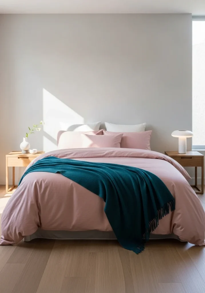 Pink bedding with teal throw