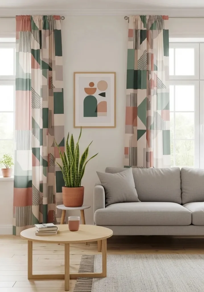 Bold geometric patterned curtains adding visual interest to a neutral living room