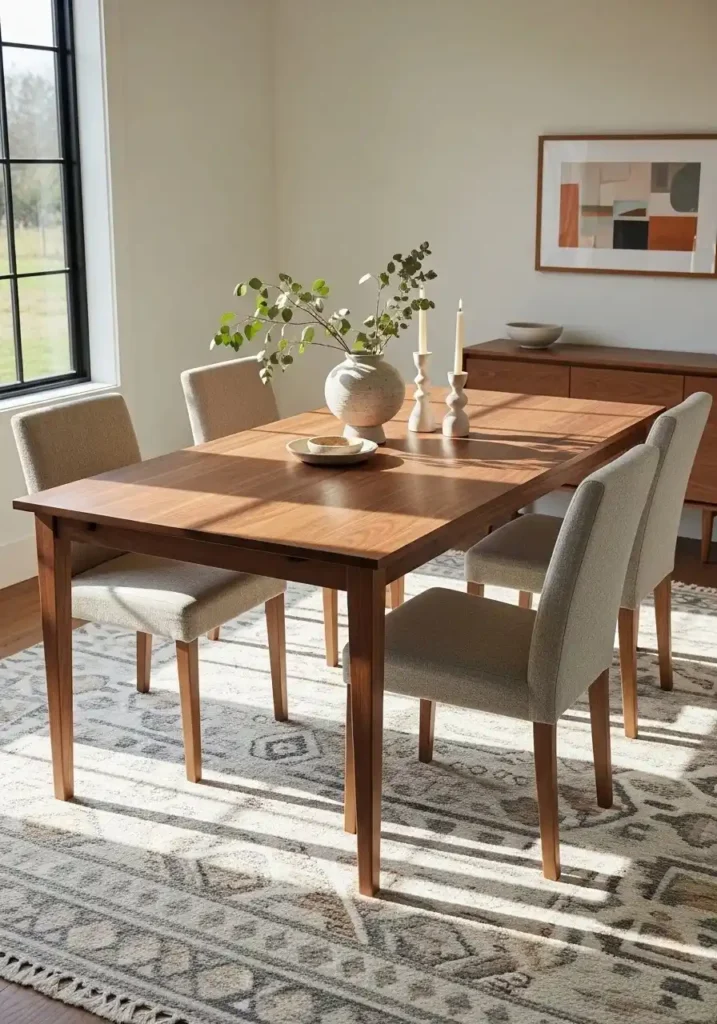 Solid wood walnut dining table with simple chairs and neutral decor creating a cozy timeless look.