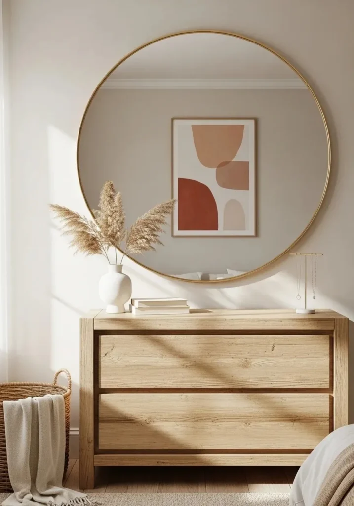 round mirror above dresser creating balanced bedroom look